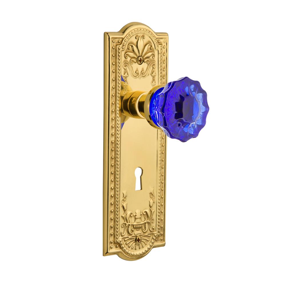 Nostalgic Warehouse MEACRC Colored Crystal Meadows Plate Interior Mortise Crystal Cobalt Glass Door Knob in Polished Brass